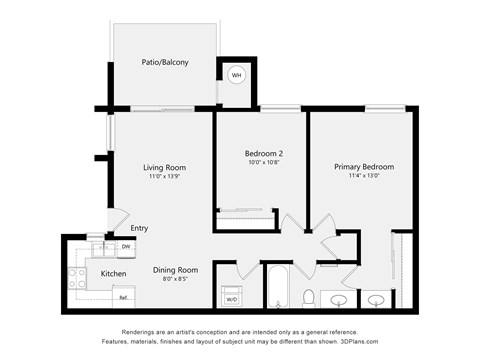 A floor plan of a house with a living room, two bedrooms, a dining room, a kitchen, and a patio.